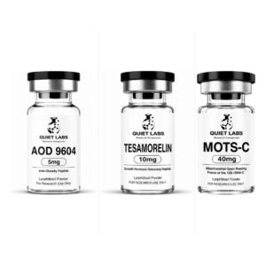 Fat Loss Stack vials - AOD-9604 5mg, Tesamorelin 10mg, and MOTS-c 40mg - Quiet Labs research peptides and compounds