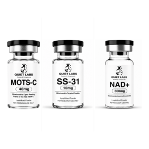 Mito Stack vials - MOTS-c 40mg, SS-31 10mg, and NAD+ 500mg - Quiet Labs research peptides and compounds